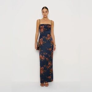NEW Reformation Frankie Silk Maxi Navy Floral Dress Gown Lyric | US 6 UK 10